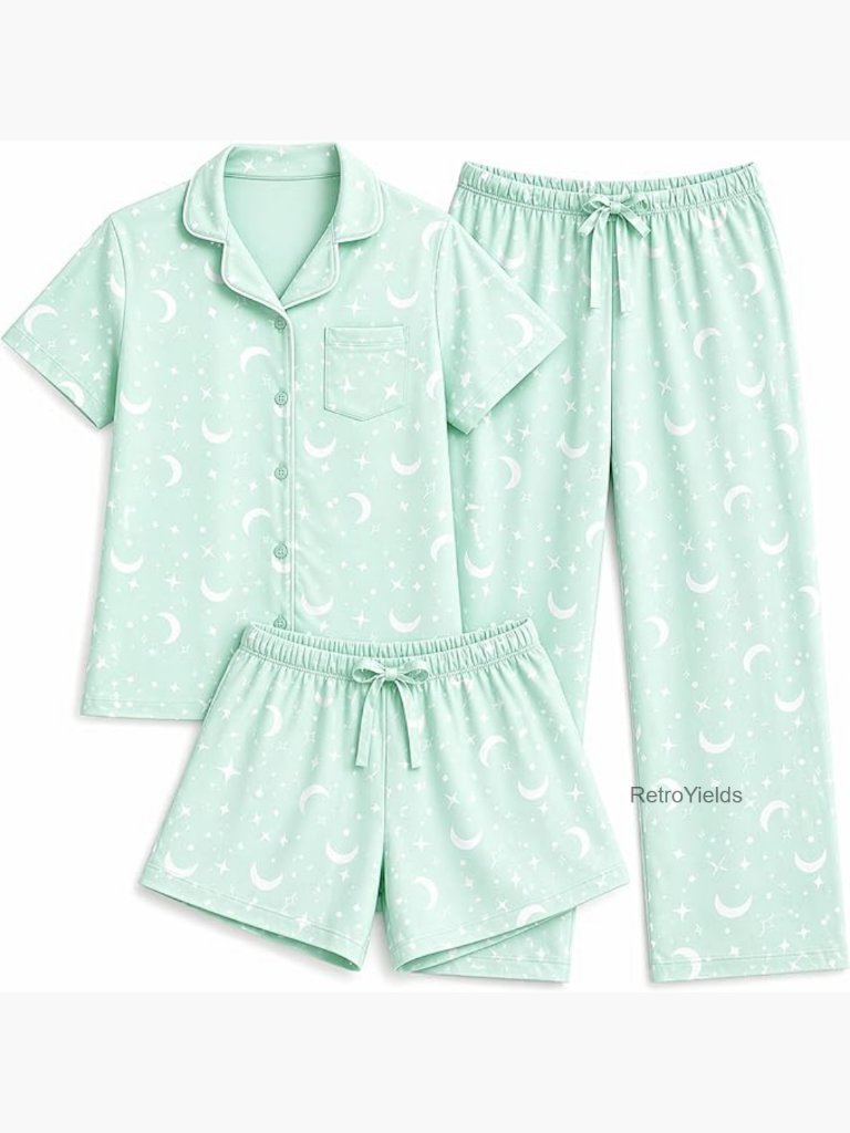 Girls 3-Piece Pajama Set - Short Sleeve Button Down Top With Pants & Shorts